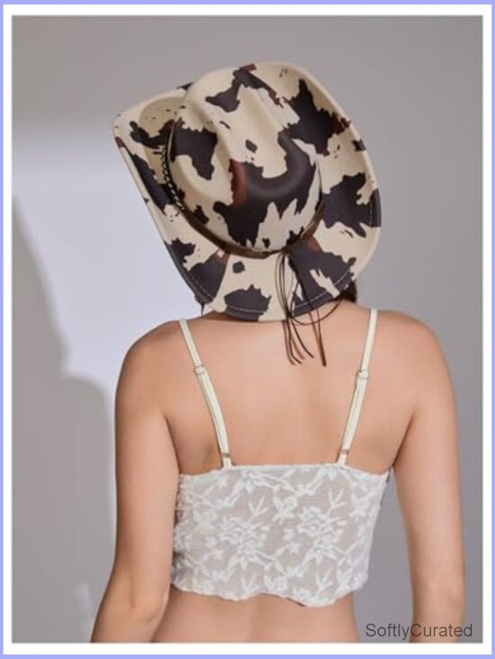 Cow Print Cowgirl Hat with Metal Star Hatband Western Travel Costume